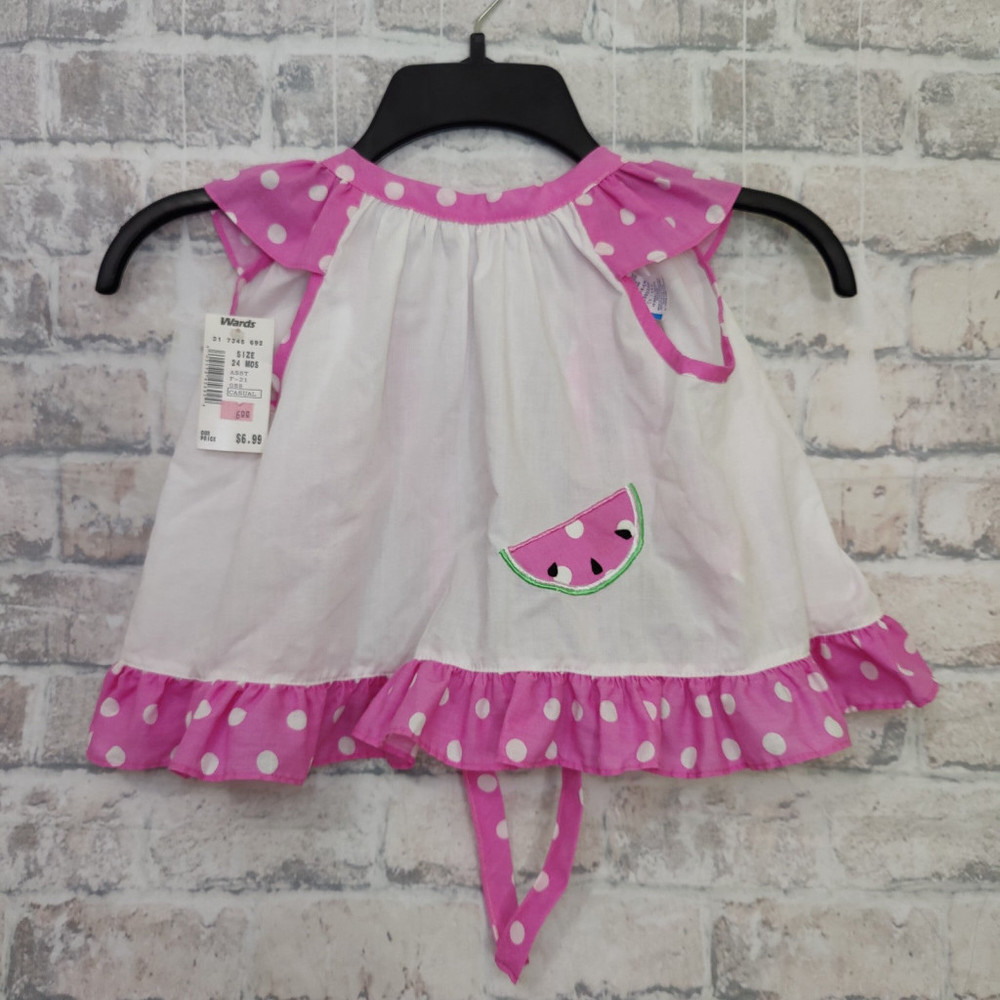 Vintage Wards Toddler Tie Back Dress Watermelon Patch Pink White Ruffles 24 Mo.